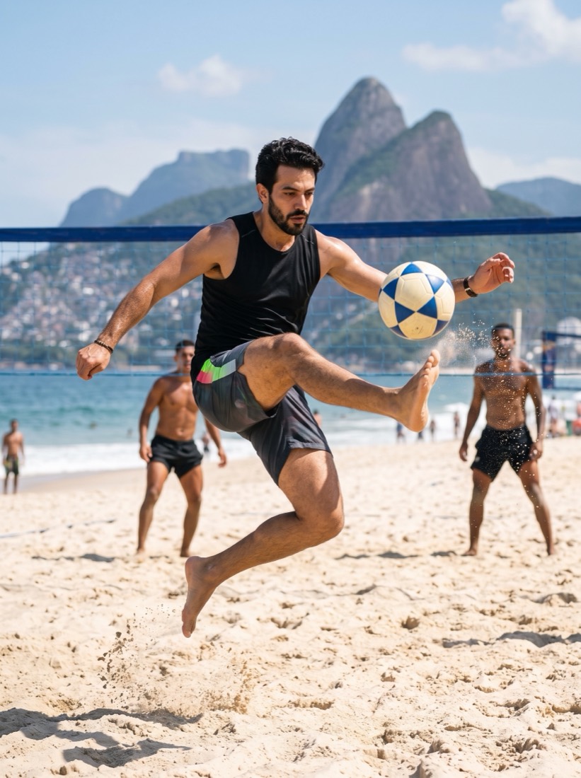 Julio Perrini jogando futevôlei na praia
