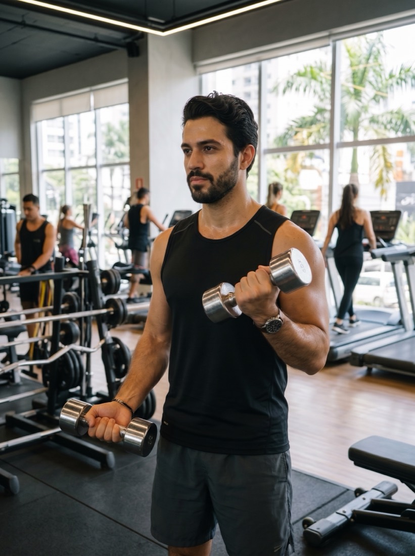 Julio Perrini treinando musculação com halteres